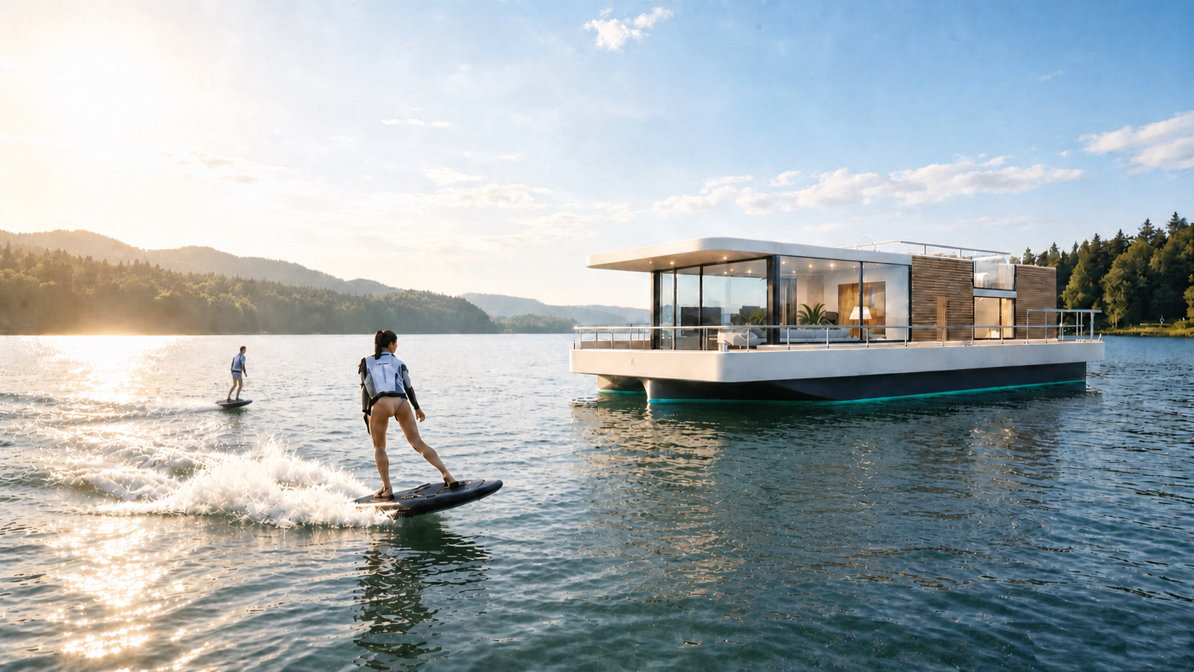 FANYE houseboat with an electric surfboard rider and eFoil rider on a lake